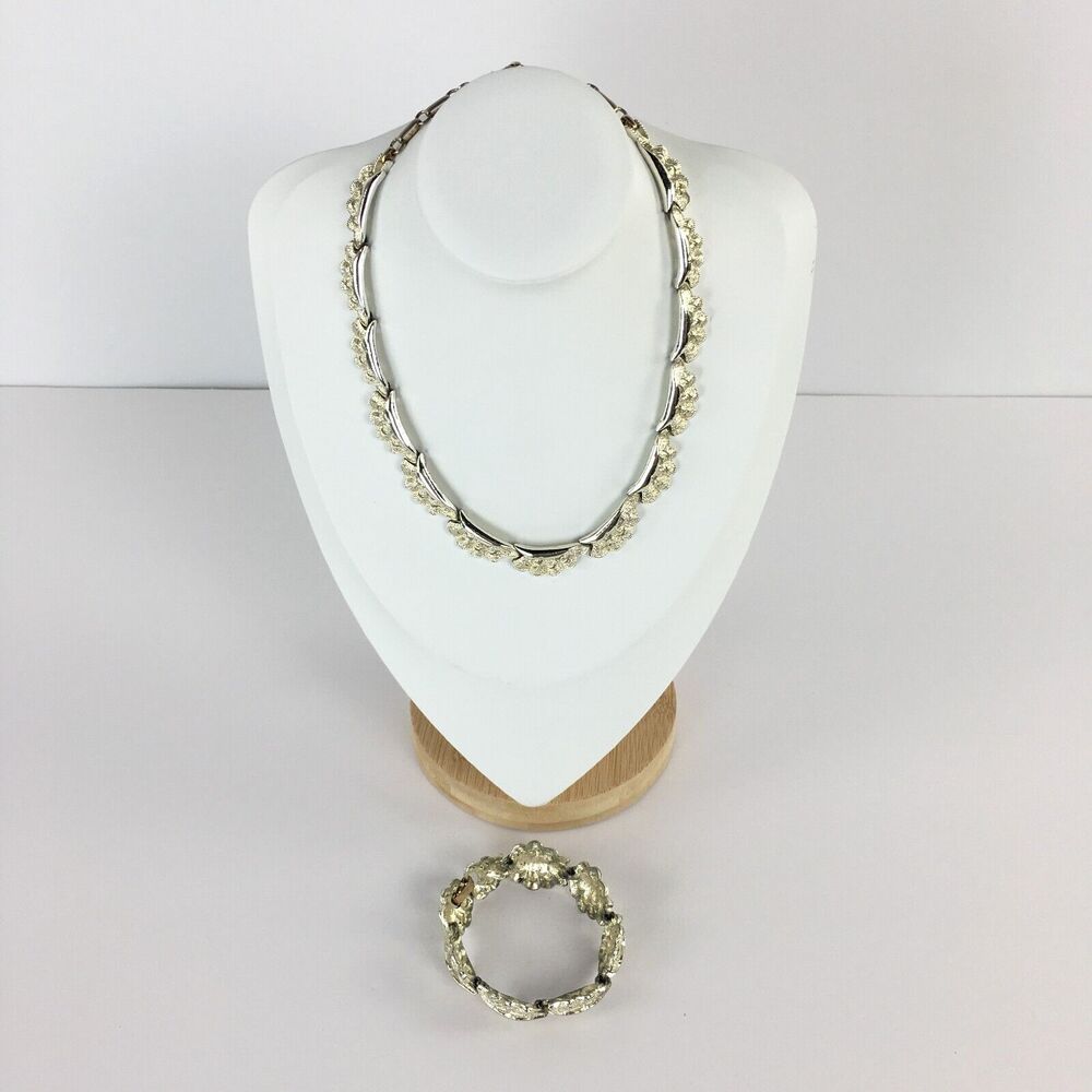 Vintage Coro Signed Silver Tone Swirls Statement Necklace and Bracelet Set of 2‎